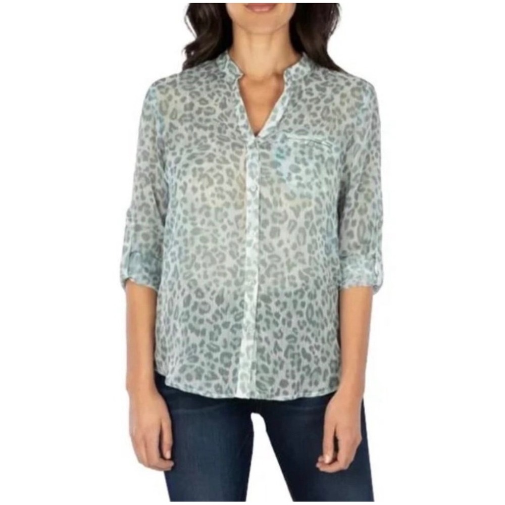 KUT‎ from the Kloth Womens Sage Green Leopard Print Roll Tab Blouse Large Sheer